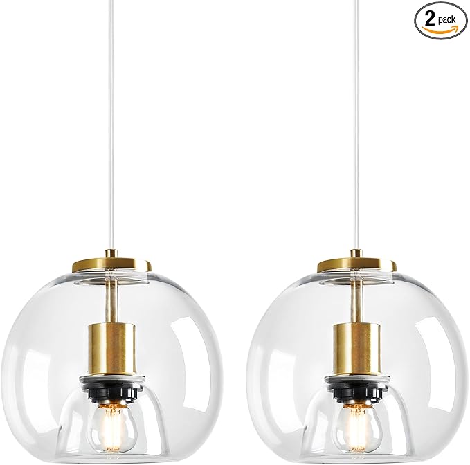 Clear Glass Pendant Lights Kitchen Island 2 Pack 7.87" Glass Globe Pendant Light Gold Hanging Light Fixture Modern Pendant Lighting for Kitchen Island Bedroom Dining Room