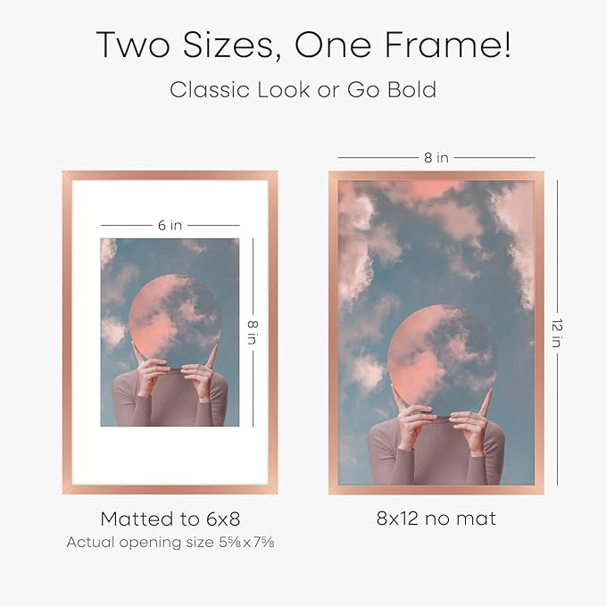 Homeforia 8x12 Picture Frame Rose Gold, High End Metal 8 x 12 Poster Frames with Mat 6 by 8 Photo, 12x8 Frame Matted to 6x8 inch Print, 8by12 Wall or Tabletop Frame, Tempered Glass, Wall Kit, Set of 2