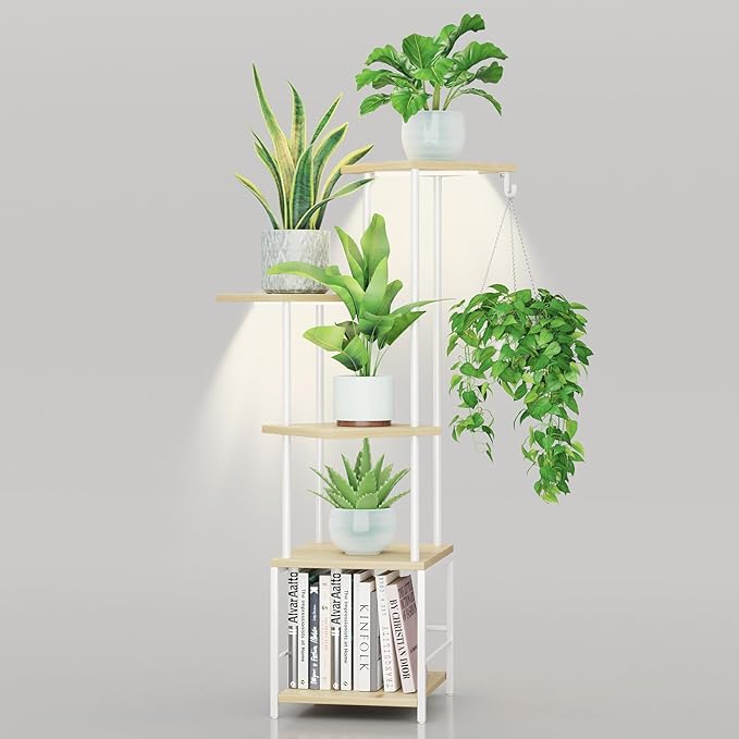 Plant Stand Indoor with Grow Light, 5-Tiered Tall Plant Stand Indoor, Metal Plant Shelf with Hanging Basket Hook and Adjustable Light, Ideal for Living Room, Garden, Patio (Maple)