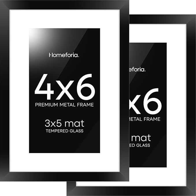 Homeforia 4x6 Picture Frame Black, High End Metal 4 x 6 Black Frames with Mat 3 x 5 for Art, 4x6 Desk Frame Matted to 3x5 inch Photo, 4 by 6 Wall or Tabletop Frames, Tempered Glass, Wall Kit, Set of 2