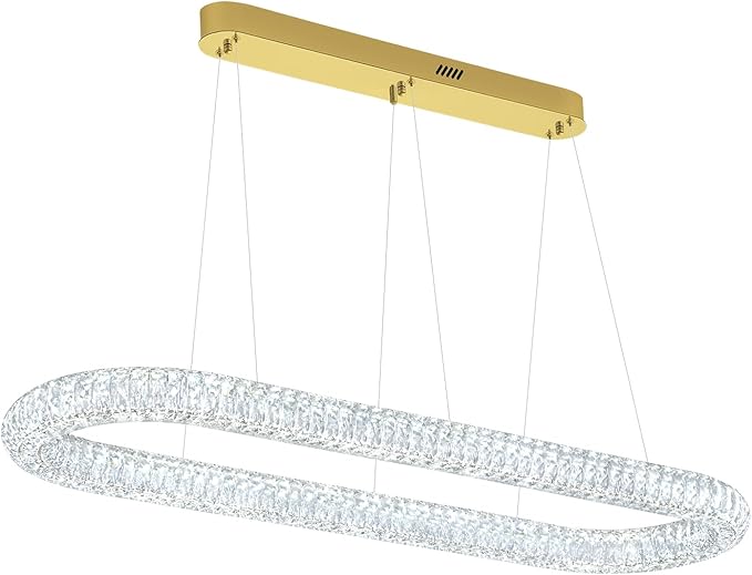 Oval Crystal Chandelier, 47.2'' Gold Crystal Ring Pendant Light for Kitchen Island Modern Linear Oval Chandeliers for Dining Room Dimmable 3000K-6000K