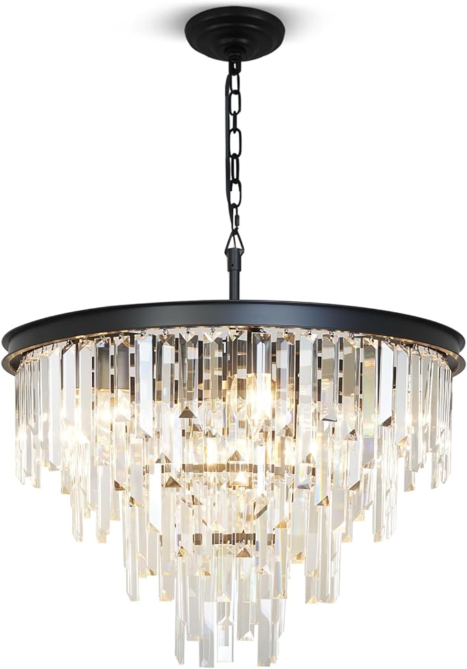 24'' Modern Crystal Chandelier, Black Round Ceiling Light with Clear Prisms, Luxury Flush Mount Lighting Fixture for Dining Room Bedroom Foyer