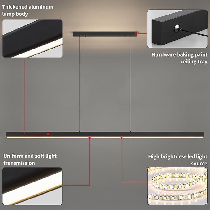 70" LED Linear Pendant Light Fixtures, 25W Dimmable Pool Table Light with Remote, Modern Island Lights for Kitchen Dining Room Living Room Office Bar, 3000k-6000k, Black