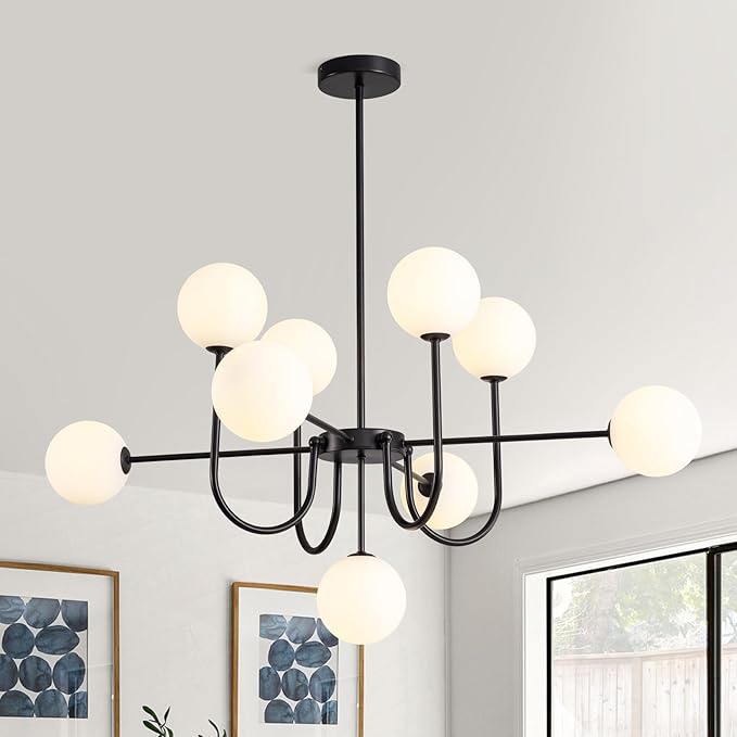 Black Chandeliers 9 Lights Modern Globe Pendant Light Hanging Ceiling Light,Mid Century Bubble Chandelier White Glass Globe Pendant Lighting for Kitchen Island,Dining Room,Bedroom,Living Room.