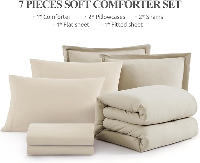 WRENSONGE Full Size Comforter Sets- 7 Pieces Soft Light Oatmeal Bed in a Bag with Fitted Sheet, Flat Sheet, 2 Pillow Shams, 2 Pillowcases, Warm Bedding Sets for All Season