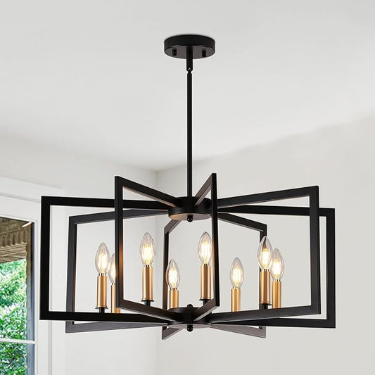 Black Chandelier for Dining Room, 8-Light Kitchen Chandelier Light Fixture Modern Metal Industrial Large Chandeliers for Farmhouse Entryway Living Room (Black Gold)