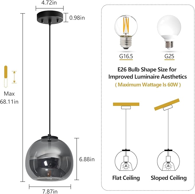 Mirror Smoke Gray Glass Pendant Lights Kitchen Island 2 Pack 7.87" Glass Globe Pendant Light Black Hanging Light Fixture Modern Pendant Lighting for Kitchen Island Bedroom Dining Room