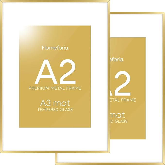 Homeoforia A2 Picture Frame Gold, High End Metal 16.5 x 23.5 inches Poster Frames with Mat 11.7 x 16.5 for Photo, A2 Size Frame Matted to A3 Print, 16.5 by 23.4 Hanging Frame, Tempered Glass, Set of 2