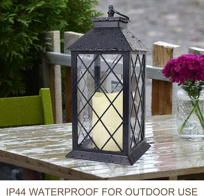 Bright Zeal 2-Pack 13.5" Vintage Candle Lantern with LED Pillar Candle (Black, 6hr Timer) - IP44 Waterproof Battery Powered Decorative Light - Outdoor Patio Hanging Lantern Decorative Tabletop Light