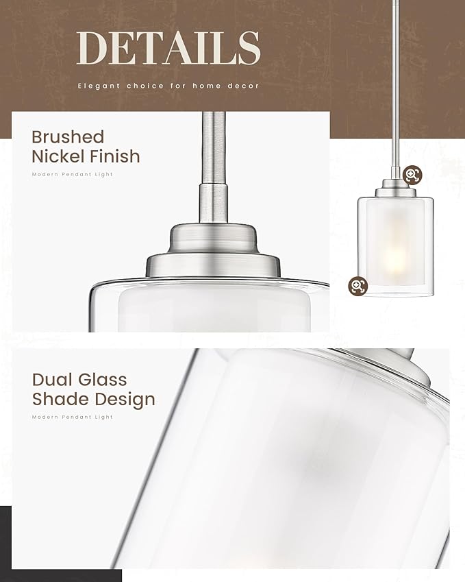 TENGXIN Modern Pendant Light,Brushed Nickel Modern Pendant Light for Kitchen Island,Hanging Ceiling Light Fixture,Farmhouse Pendant Lighting for Dining Room Bedroom Bar Office 2Pack,TXPLBN02-2PK