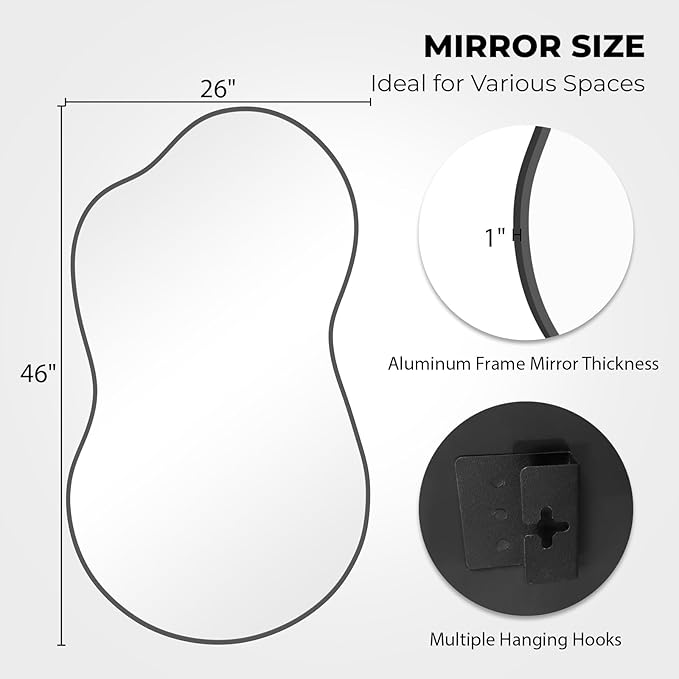 WallBeyond Irregular Wall Mirror – Asymmetrical Mirror with Aluminum Alloy Frame, Decorative Wall Mirror for Living Room, Bedroom, Bathroom, and Entryway 46" H x 26" W (Black)
