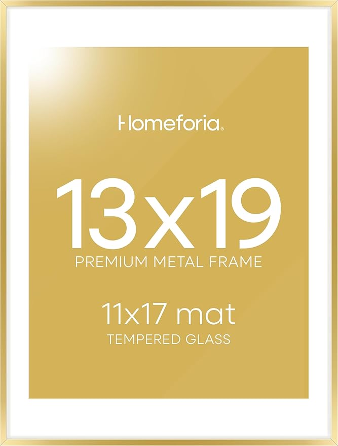 Homeforia 13x19 Picture Frame Gold, High End Metal 13x19 Poster Frames with Mat 11x17 Photo, 13 x 19 Gold Frames Matted to 11 by 17 Print, 19x13 Thin Hanging Frames, Tempered Glass, Wall Kit, Set of 1