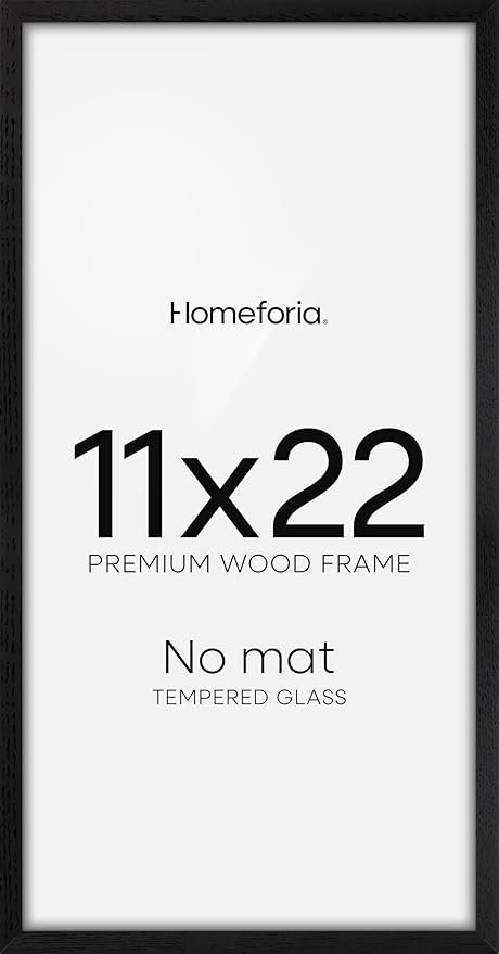 Homeforia 11x22 Black Wood Frame, High End Oak 11 x 22 Newspaper Display Frames without Mat, Wooden 22x11 Thin Picture Frames for Wall, 11 by 22 Black Poster Frames, Tempered Glass, Wall Kit, Set of 1