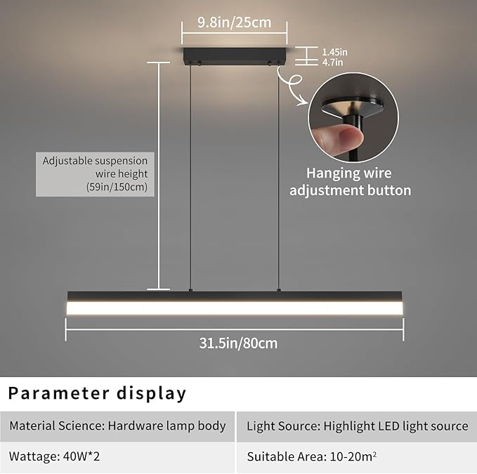 LED Linear Pendant Light, Dimmed Chandeliers for Dining Room with Remote Control, Modern Pool Table Island Lights Adjustable Ceiling Pendant Light for Kitchen, Living Room, Office, Black,31in
