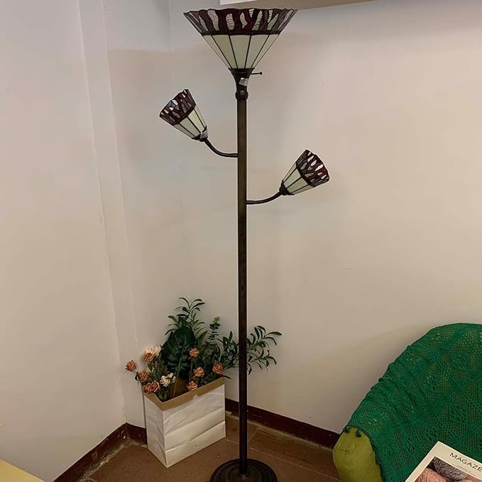Bieye L10838 Fire Flame Tiffany Style Stained Glass Torchiere Floor Lamp with Sidelights for Reading, 70-inches Tall (Flame, Red)
