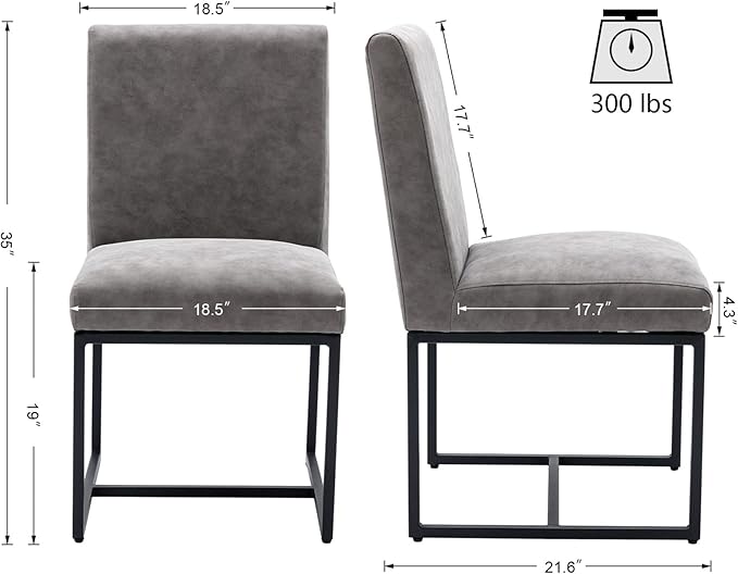 VESCASA Faux Leather Upholstered Dining Chairs with Black Metal Frame, Mid Century Modern Padded Kitchen Chair with Adjustable Foot Pads for Restaurant, Dining Room, Set of 2, Light Grey