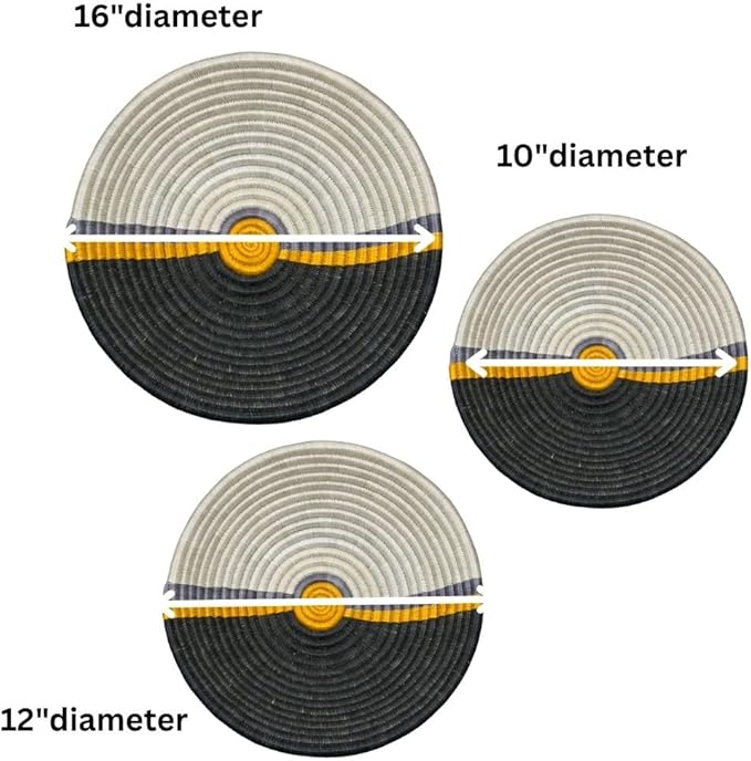 Handwoven African Basket Handmade sisal Fruit Bowl Wall Hanging decorative Baskets for Home Living Room Kitchen Centerpiece Zen Designs Arts and Crafts (Black Yellow Beige, 16in diameter)