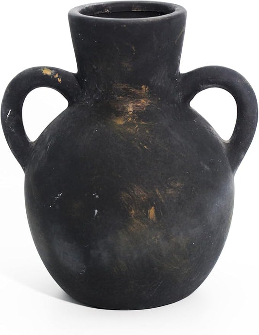 Ceramic Flower Vase,7.3 inch Tall Farmhouse Rustic Vase, Handcrafted Weathered Pottery Vases, Small Flower Terracotta Vases for Home Decor, Living Room Farmhouse Table Shelf Entrance(Black)