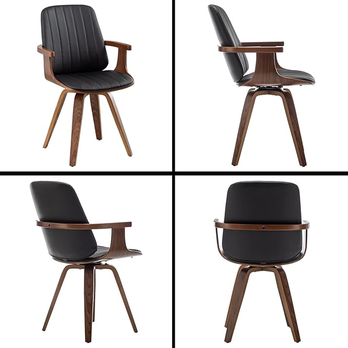 Swivel Dining Chairs, Set of 2 Kitchen Swivel Chairs with Walnut Craftsmanship, Upholstered Faux Leather, Wooden Arms and Legs, Walnut Dining Chairs for Kitchen/Living Room (Black, Swiv)