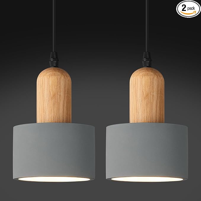 Modern Cement Pendant Lights Grey Chandelier Wooden Ceiling Lamps for Kitchen Island Bedroom Dining Room Living Room bar（2 Pack）