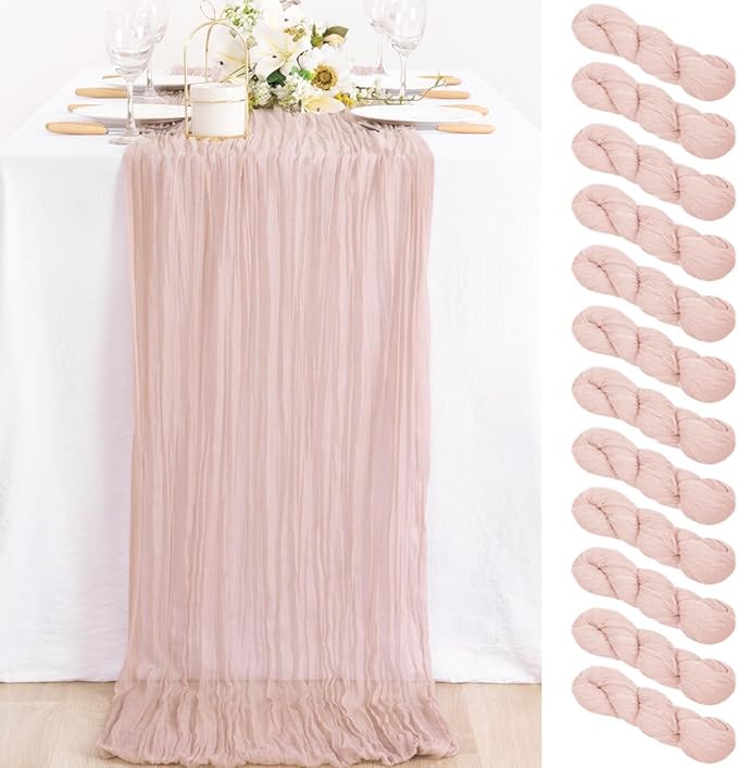 MLMC 12 Pack Dusty Pink Cheesecloth Table Runner 10ft Rustic Gauze Cheese Cloth Fall Table Runner Bulk 35x120 Inches for Romantic Wedding Bridal Baby Shower Anniversary Party Decor