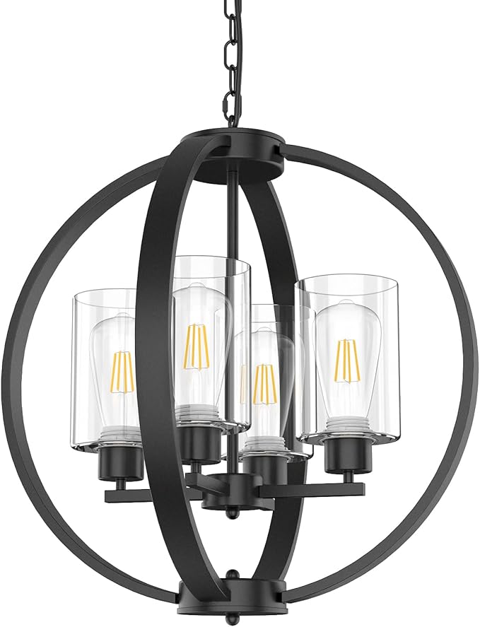 4-Light Black Chandelier Light Fixture, 18in Farmhouse Dining Room Chandeliers with Glass Shade Globe Lighting Fixtures Modern Pendant Lamp for Kitchen Island Entrance Foyer Living Room