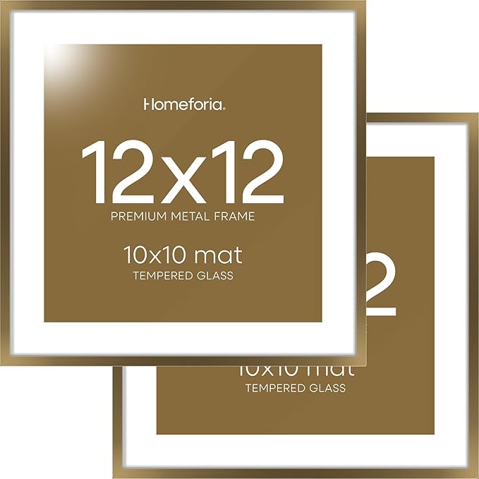 Homeforia 12x12 Picture Frame Bronze, High End Metal 12 x 12 Square Poster Frame with Mat 10 x 10 Photo, 12x12 Brass Frame Matted to 10x10 Print, 12by12 Thin Frames, Tempered Glass, Wall Kit, Set of 2