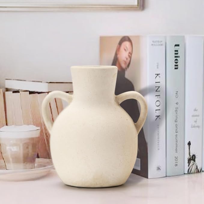 SIDUCAL Rustic Ceramic Farmhouse Flower Vase with 2 Handles, Terracotta Vase, Decorative Pottery Flower for Home Decor, Table, Wedding, Living Room, Shelf Decor, 7.3 Inch, White