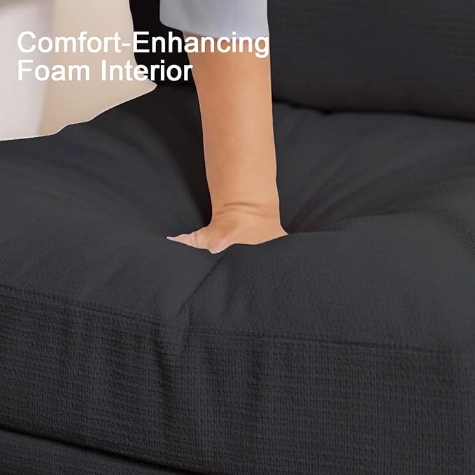 Accent Chair Mid Century Modern Armchair for Living Room,Bedroom,Office,Lounge Comfy Chenille Upholstered Soft Removable Washable Cushions and Pillows,Metal Wood-Grain Armrest Legs,Black