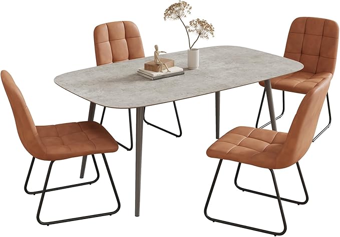 55.1'' Dining Table Set for 4,Modern Wood Dining Table,Leather Dining Chairs 4,Table and Chairs Set of 4,Ideal for Kitchen Dining Room (Gray Table + 4 U-Shaped Brown Chairs, 55.1")
