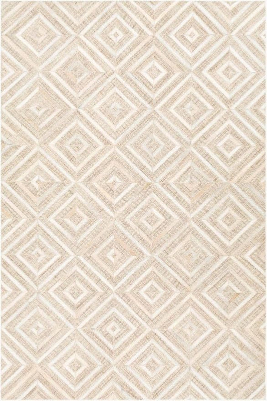 Geometric Pattern Area Rug, Leather and Wool Blend Carpet, Beige and White (White/Ivory/Beige-115, 9'6"x14'0)