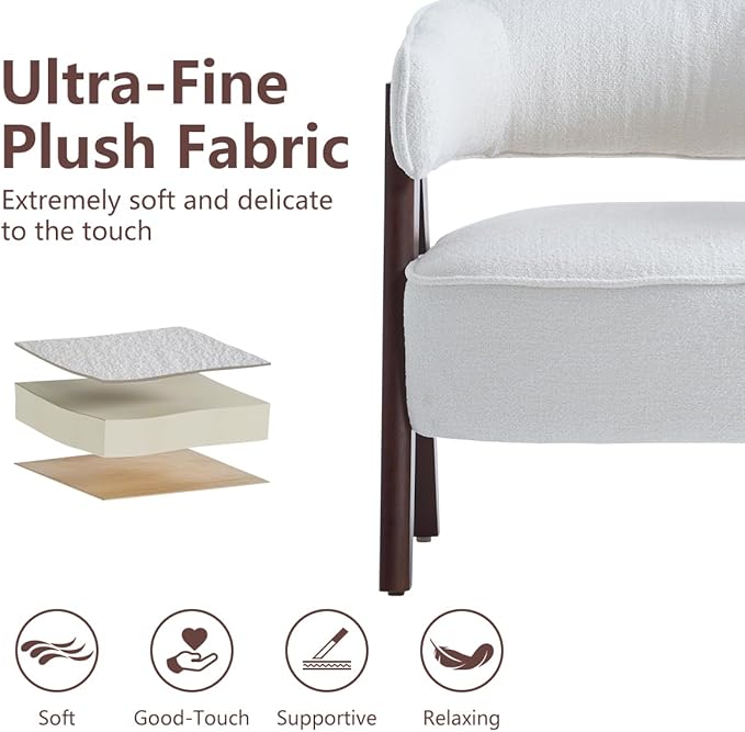 Kidol & Shellder Mid Century Accent Chair Set of 3 Comfy Fabric Modern Living Room Bedroom Chairs Upholstered Lounge Reading Armchair with Thicken Seat Cushion Wood Frame （White）