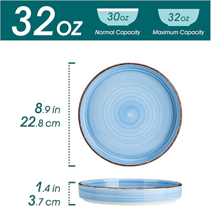 vancasso Bonita Pasta Bowls Set of 4, 32oz Shallow Bowl Plates, Dinner Bowls, Ceramic Pasta Plates, Microwave & Dishwasher Safe Serving Bowls, Bule