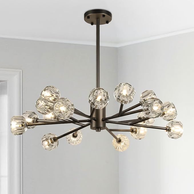 Sputnik Chandeliers 35.4", Black Crystal Chandelier Dining Room Light Fixture, 18 Lights Crystal Sputnik Ceiling Chandelier for Living Room Bedroom