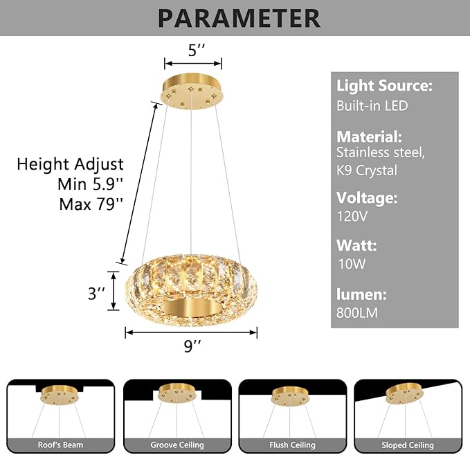 8" Ring Modern LED Dimmable Crystal Chandelier Adjustable Height Pendant Light Round Crystal Chandelier Light Fixtures for Dining Room Living Room Kitchen Island Gold