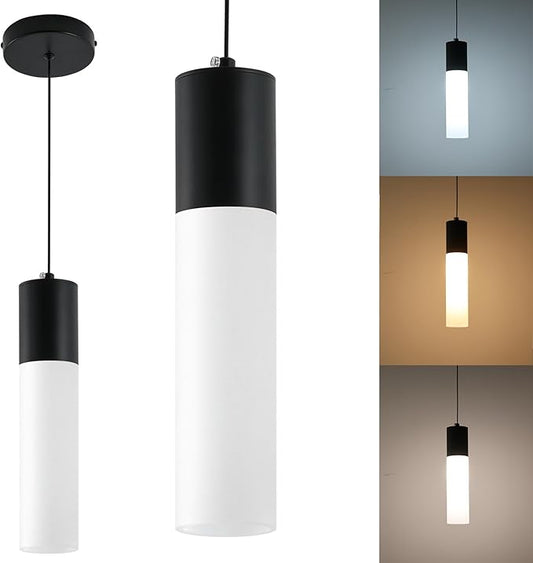 Kitchen Island Pendant Lights LED Black Small Pendant Light 12W with Milky White Lampshade Modern Ceiling Hanging Lamp for Bedroom Bedside Dining Room Table Bathroom, 1 Pack, 3000K-6000K
