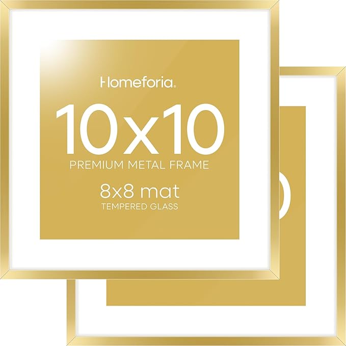 Homeforia Square 10x10 Gold Frame, High End Metal 10 by 10 Picture Frames with Mat 8 x 8, 10by10 Thin Poster Frame Matted to 8x8 inch Photo, Wall or Tabletop Frames, Tempered Glass, Wall Kit, Set of 2