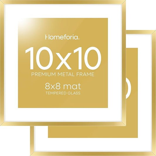 Homeforia Square 10x10 Gold Frame, High End Metal 10 by 10 Picture Frames with Mat 8 x 8, 10by10 Thin Poster Frame Matted to 8x8 inch Photo, Wall or Tabletop Frames, Tempered Glass, Wall Kit, Set of 2