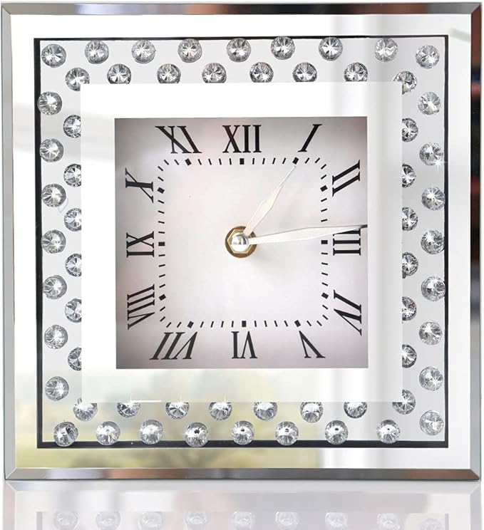 Silent Desk Clocks 8x8x2 Inch Crystal Sparkle Twinkle Bling Square Mirrored Table Top Decorative Clock With Diamond for Home Decoration Silver Mirror Home Decor. AA Battery is not included.
