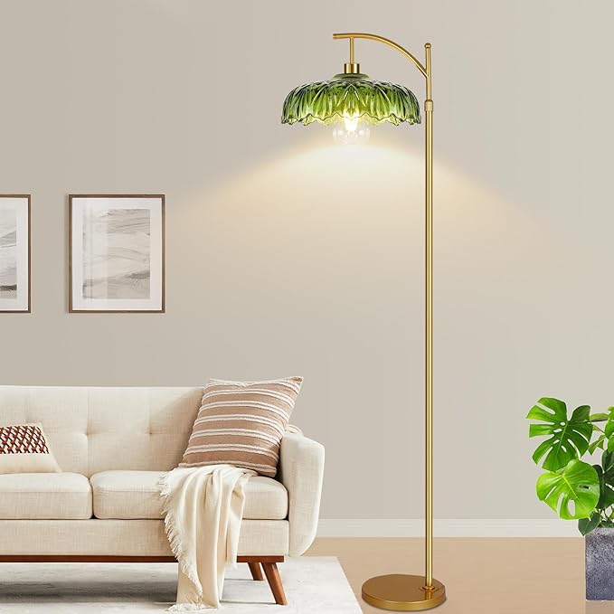 Glass Floor Lamp for Living Room,Bedroom,Gold Standing Lamp with Remote,Dimmable Brass Mid Century Modern Tall Lamp Vintage Retro Green Floor Lamps Boho Flower Floor Light Arc Bohemian