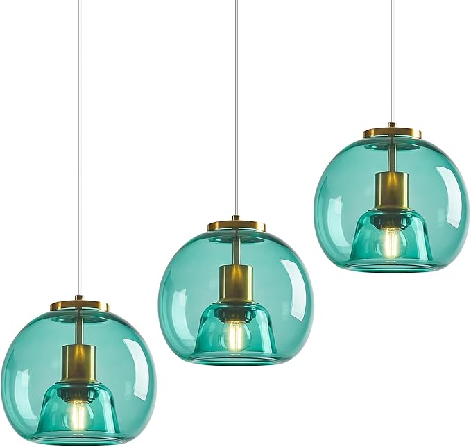 Light Blue Glass Pendant Lights Kitchen Island Gold Hanging Light Fixture Glass Globe Pendant Light Modern Pendant Lighting for Kitchen Island Bedroom Dining Room (7.87", 3 Pack)
