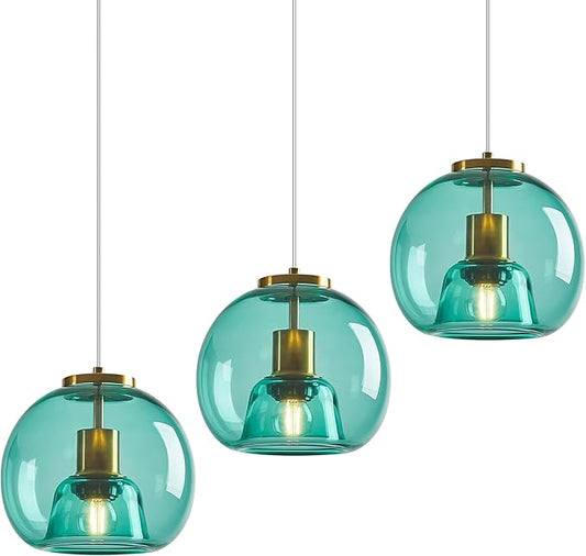 Light Blue Glass Pendant Lights Kitchen Island Gold Hanging Light Fixture Glass Globe Pendant Light Modern Pendant Lighting for Kitchen Island Bedroom Dining Room (7.87", 3 Pack)