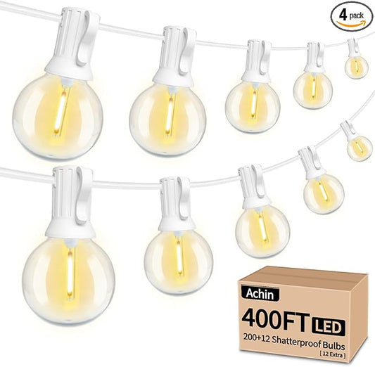 Achin Outdoor String Lights White 400FT(100ft*4) Patio Lights Outdoor Waterproof with 212 LED Bulbs(12 Spare) Shatterproof G40 Globe String Lights for Outside Wedding Backyard, White Wire, 2700K