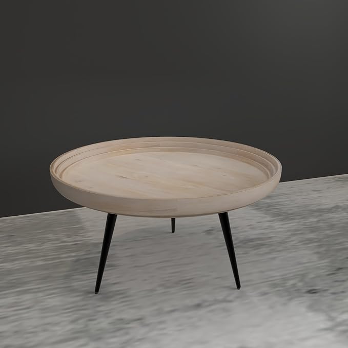 The Urban Port Urban Chic Coffee Table 30 Inch Round Tray Top, Handcrafted Mango Wood, Washed White and Black