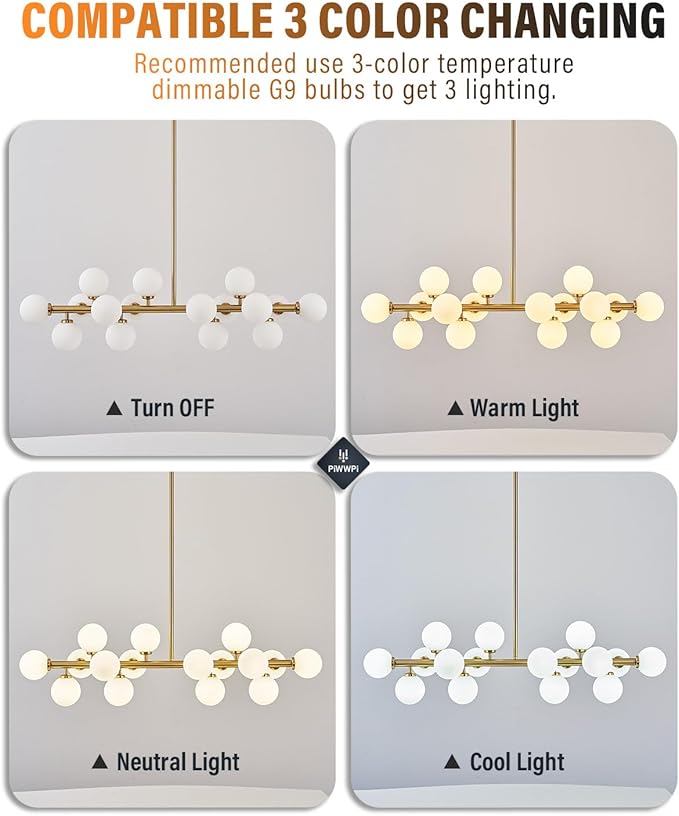 Glass Globe Sputnik Chandelier, 16-Light Mid Century Modern Light Fixture Over Table, Linear Chandeliers for Dining Room, Kitchen Island, Brass Gold and Milk White Bubble, 40 Inch, GC-02
