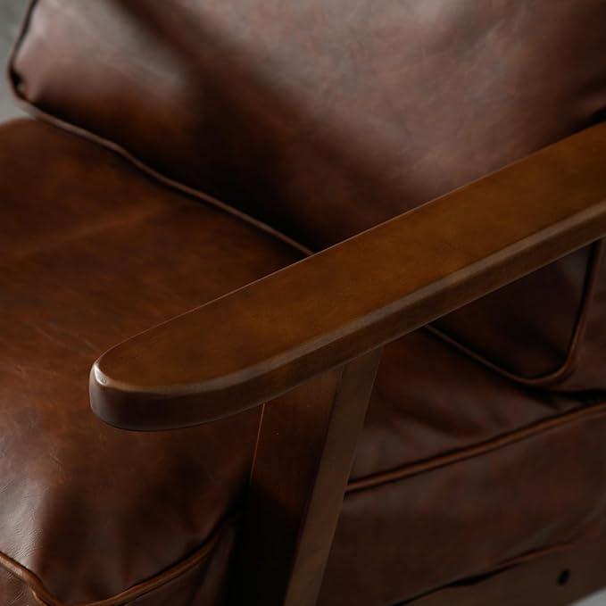 Living Room Accent Chairs Set of 2 Mid Century Modern Reading Arm Chair with Ottoman, PU Leather Bedroom Chair with Soild Wood Frame, Elegant Upholstered Side Chair, Brown-PU
