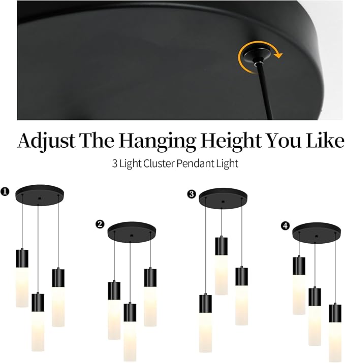 Cluster Pendant Lighting Fixture Black 3-Light Modern Hanging Dining Table Light with Milky White Lampshade LED Pendant Lights for Kitchen Island Dining Room Adjustable Height, 3000K-6000K