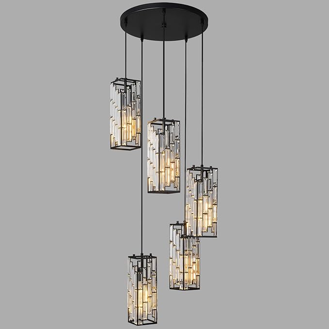 Black Pendant Lighting Modern Pendant Light, Mini Crystal Chandeliers,Adjustable Pendant Light Fixture for Kitchen Island Dinning Room Bedroom (5 Light)