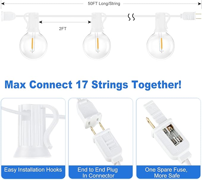 100ft Outdoor G40 LED Globe String Lights Dimmable Shatterproof Waterproof Light Strings with 52 Bulbs Connectable Commercial Hanging Lights for Patio Balcony Backyard Party (White Wire, 2-Pack)