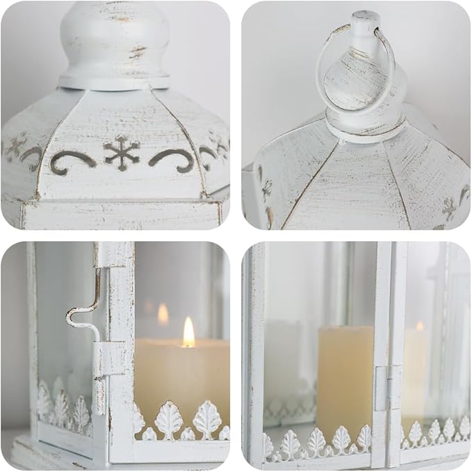Lanterns Decorative Outdoor&Indoor, Set of 2 (15"&11") White Metal Lantern Decor with Glass, Candle Holder for Porch, Patio, Garden, Balcony, Wedding, Table Centerpiece